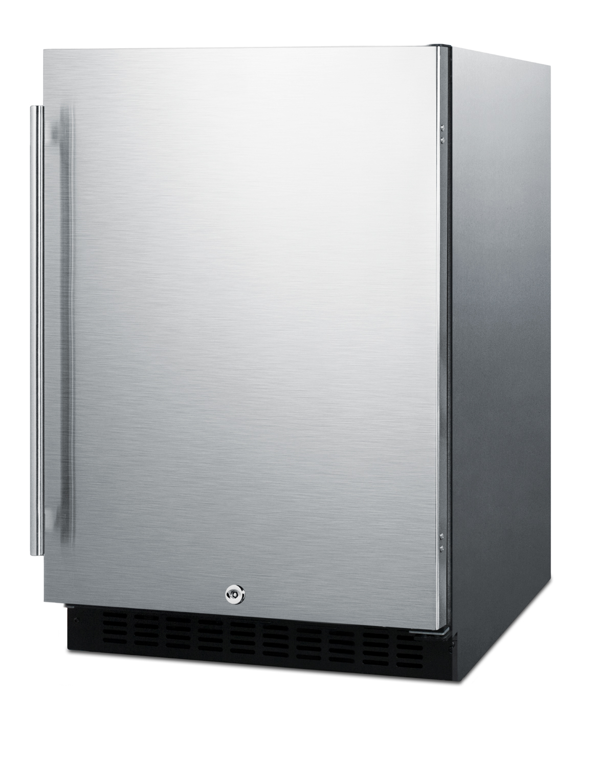 Built-in undercounter ADA compliant all-refrigerator with stainless steel exterior, door storage, lock, and digital controls